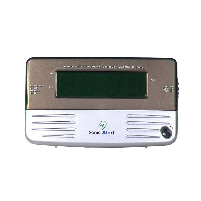 Sonic Boom Vibrating Travel Alarm Clock SB200ss Front View of the screen and alarm settings and volume. 