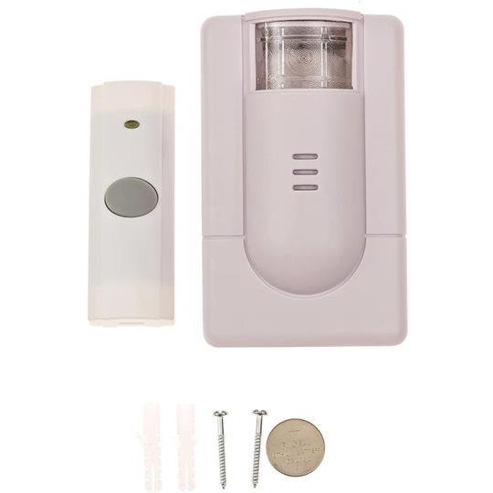 Wireless Doorbell with Flashing Strobe and Push Button WP180USL Signaling Device.  Mounting hardware and 3V battery are included. 